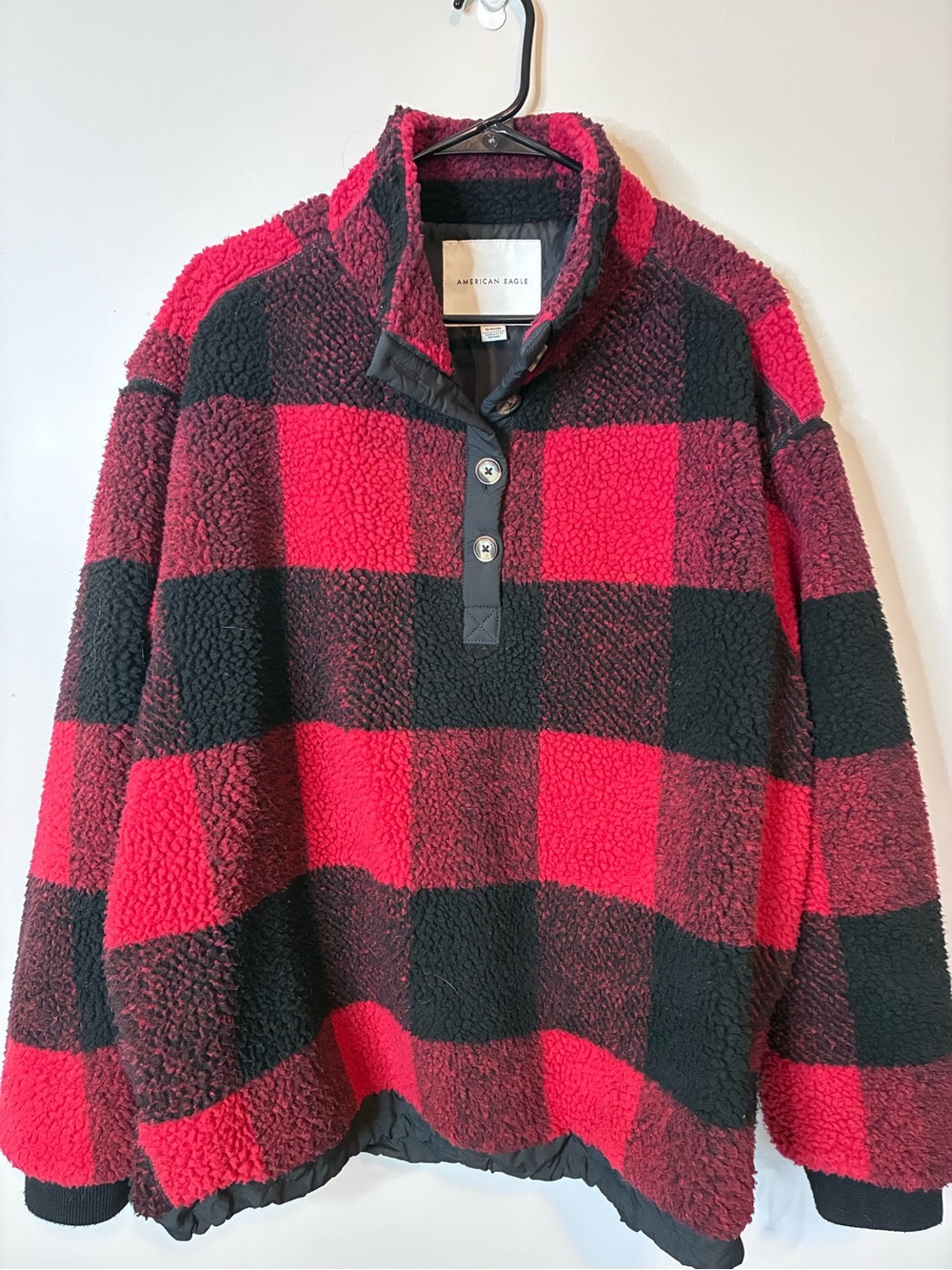 American Eagle Sherpa Buffalo Plaid Pullover Jacket Red Black XL